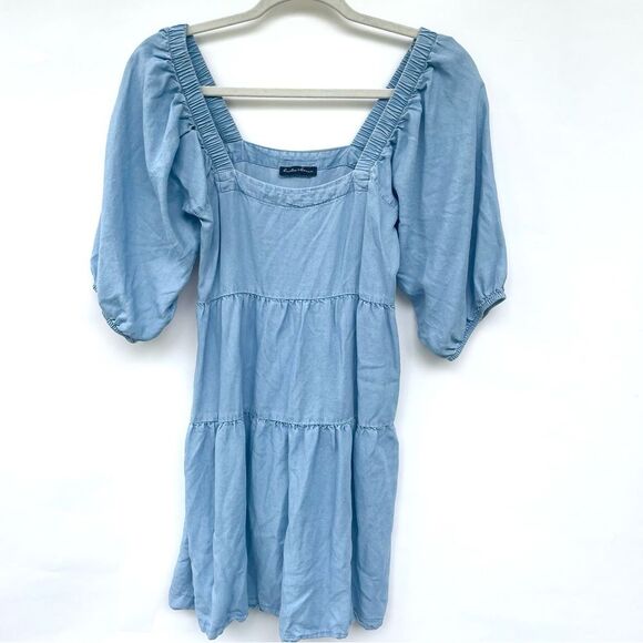 Blue Chambray Scalloped Puff Sleeve Mini Dress Size XS - Picture 2 of 9